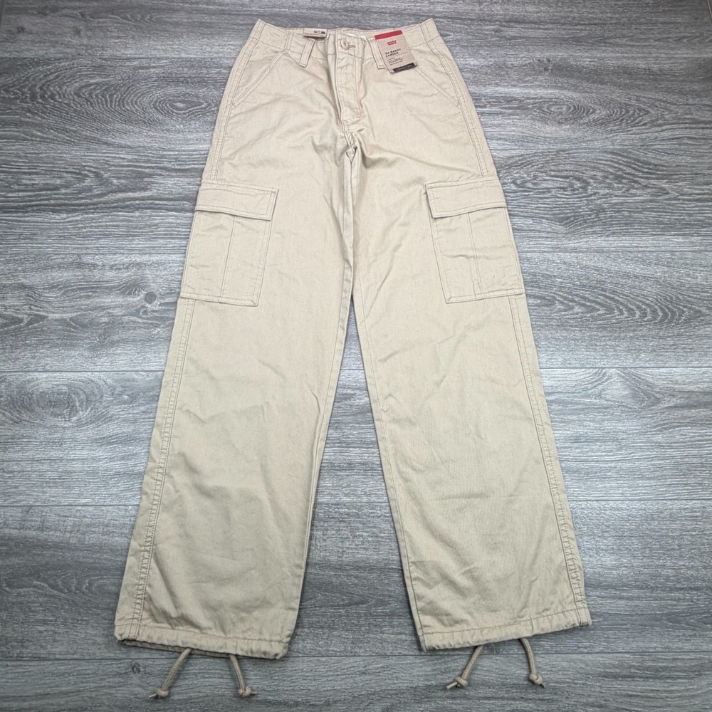 Levis Cargo Pants Womens 24 (26) Khaki Baggy Mid Rise Straight Drawstring Ankle